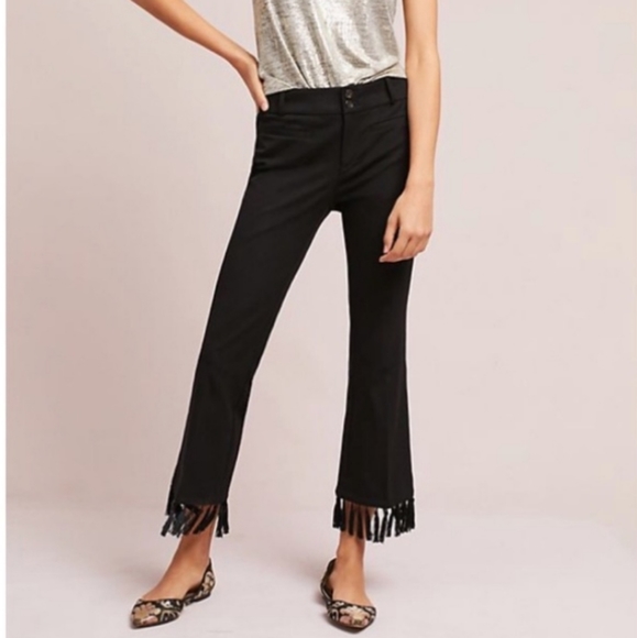 Anthropologie Pants - ANTHROPOLOGIE The Essential Crop Flare Tassel Hem Trouser Pant Black Sz. 10